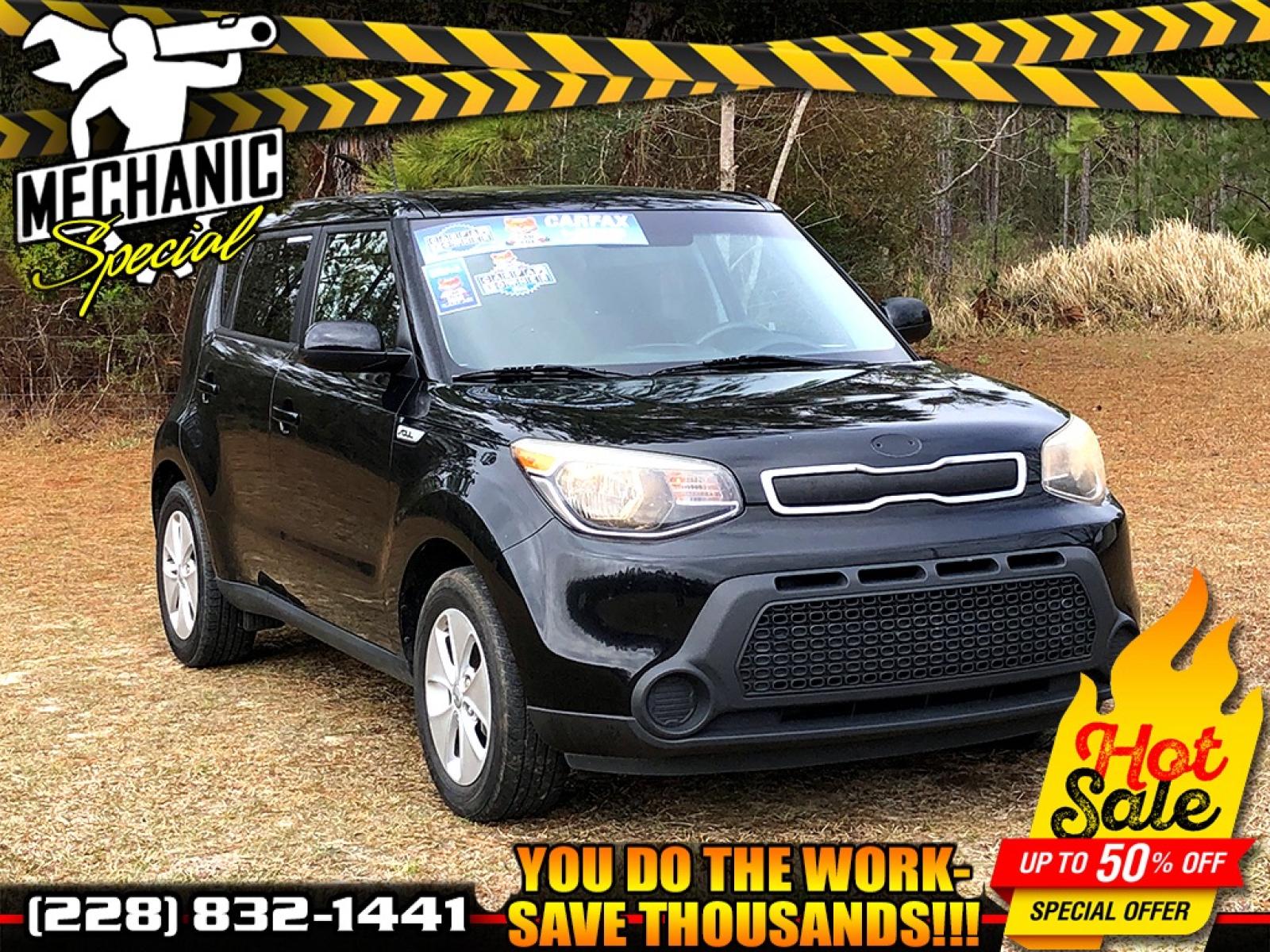 2015 Black Kia Soul Base (KNDJN2A20F7) with an 1.6L L4 DOHC 16V engine, Automatic transmission, located at 18001 Kellogg Rd, Saucier, MS, 39574, (228) 832-1441, 39.421459, -76.641457 - 2015 KIA SOUL *** MECHANIC SPECIAL *** {{{ ENGINE SEIZED }}} – CLEAN TITLE – 1.6L L4 DOHC 16V – AUTOMATIC Transmission – CARFAX 1-OWNER – CLEAN CARFAX - No Accidents or Damage – ICE COLD A/C – CRUISE Control MECHANIC SPECIAL {{{ ENGINE SEIZED }}} This Car Books out for - Photo #0